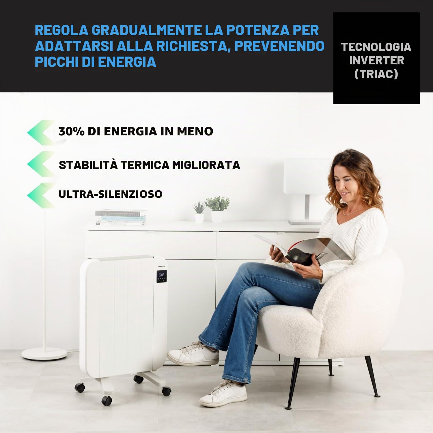 Taurus - Radiatore elettrico Nepal 1000 1000W | Basso consumo | 4 elementi | 4 modalità | Termostato | Timer | Protezione surriscaldamento | LCD | Silenzioso | Montaggio parete/piedistallo