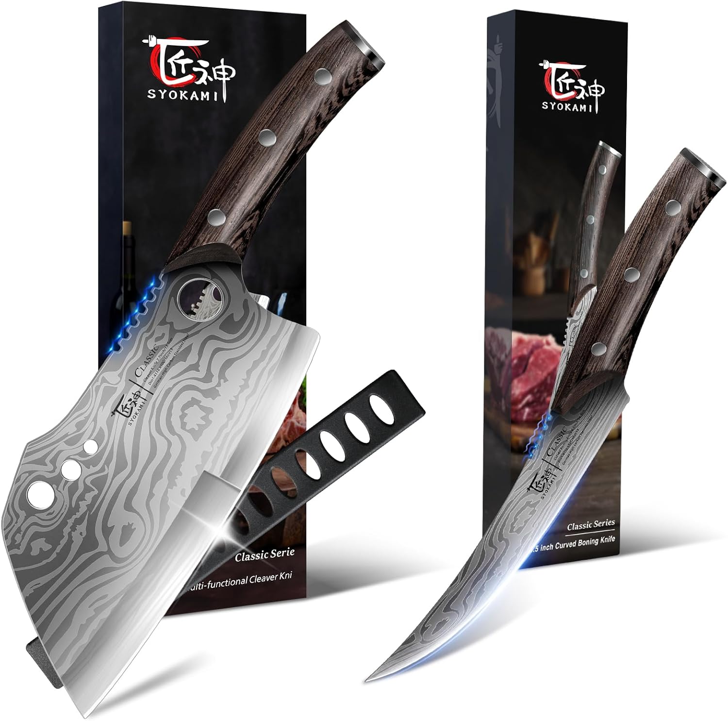 6.5 Inch Boning Knife Curved Blade+Meat Cleaver Chef Knife 7.7 Inch