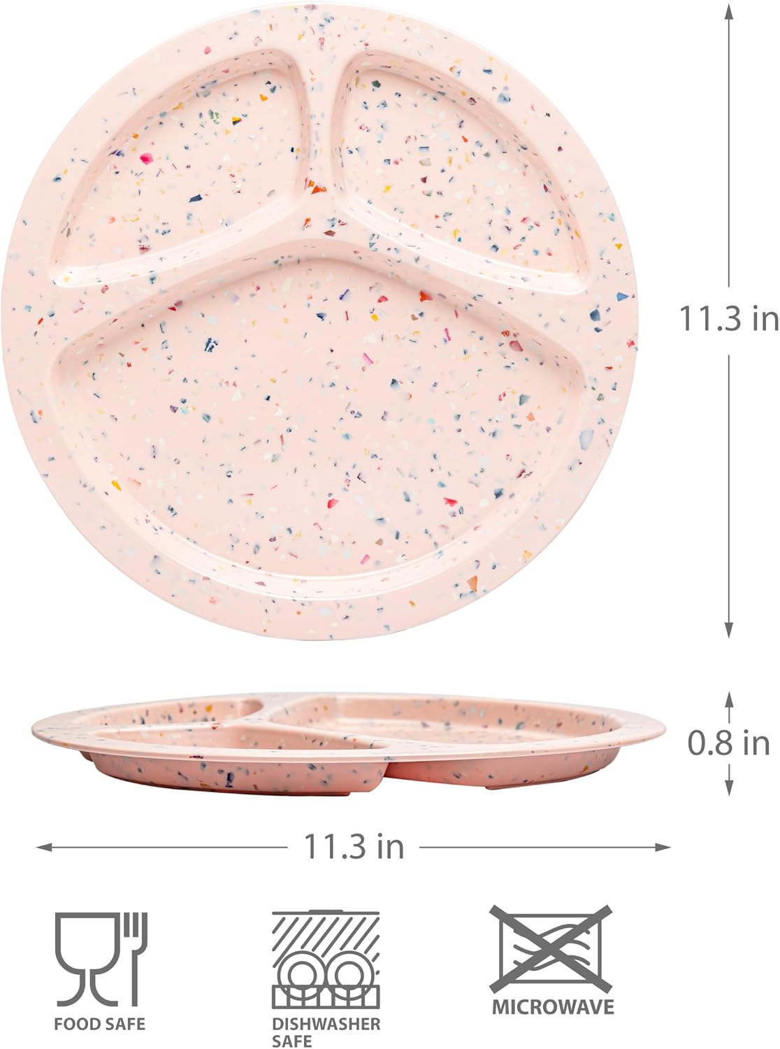 bzyoo 11-Inch Divided Plates Set of 2, 100% Melamine Portion Control Plates for Adults & Kids, Modern Confetti Pattern, BPA-Free & Dishwasher Safe, Ideal for Camping, RV, and Daily Use (Pink)