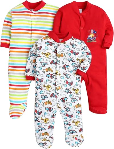 EIO 100% Cotton Baby Rompers Sleepsuits Jumpsuits Night Suits for Newborn Baby Boys & Girls | Soft Infant Bodysuit | Pack of 3 Kids Rompers