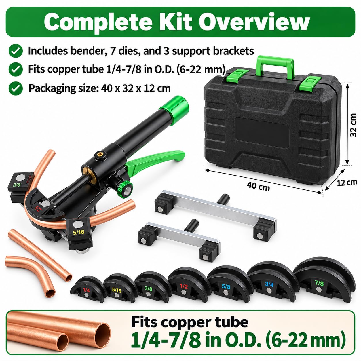 Kit piegatubi idraulici, diametro esterno 1/4–7/8, 7 matrici codificate