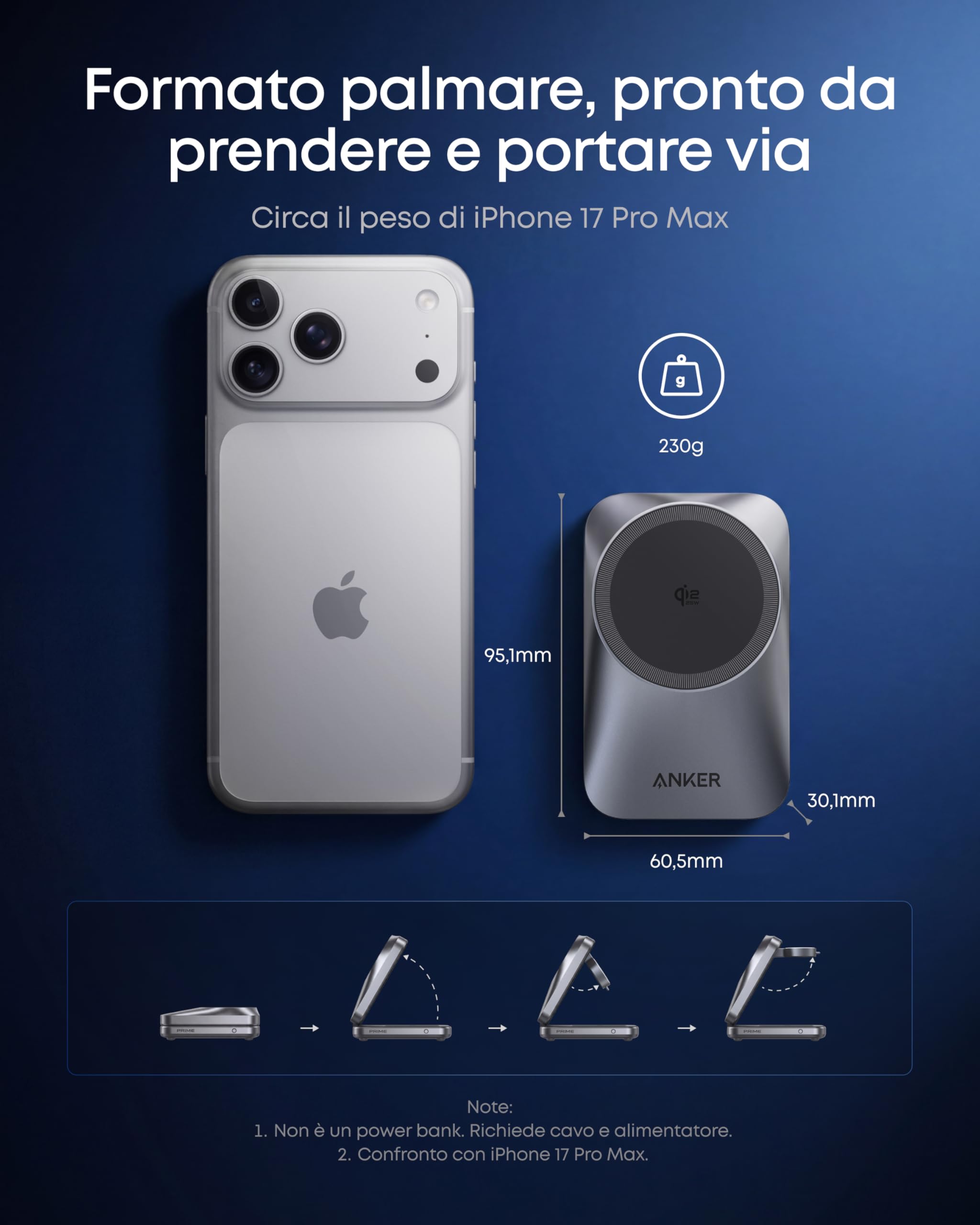 Anker Prime Caricatore Wireless iphone 3 in 1, MagSafe Compatibile, Certificata Qi2.2 da 25W, Pieghevole e Compatta. Ricarica iPhone 17/16, Apple Watch, AirPods (Senza Batteria, Adattatore Incluso)