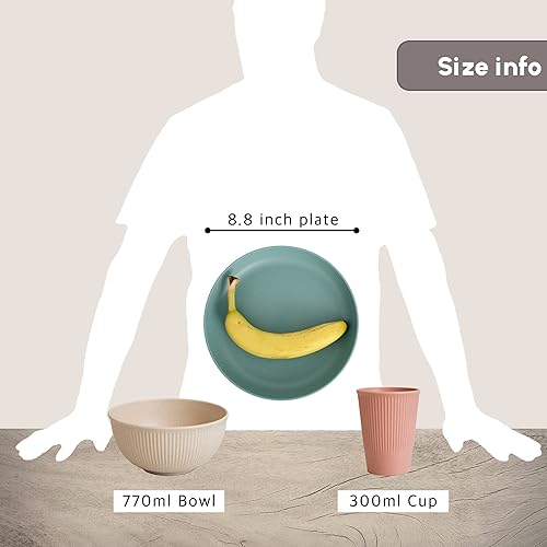 Miniatura 7 de Juego de vajilla duradera de paja de trigo para 4 personas, incluye platos, cuencos y utensilios, verde, apto para microondas y lavavajillas,