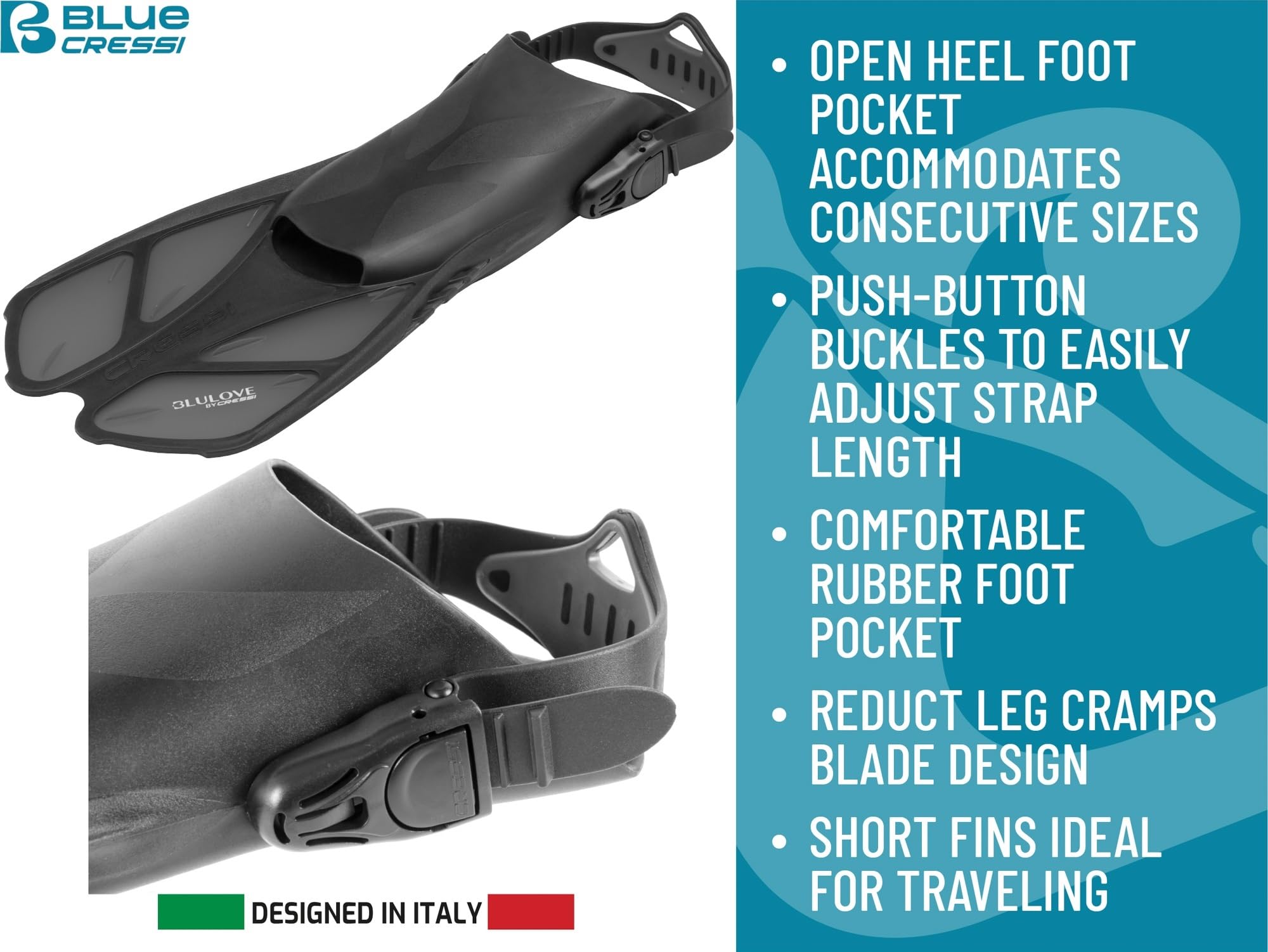 Cressi Aletas de natación Cortas Ajustables para Adultos con Hebillas Ultra Resistentes, Muy Ligeras - Ideal para Viajar | Bonete: diseñado en Italia