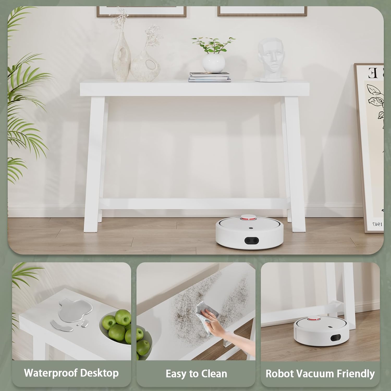 Bamboo Wood Entryway Table 47.2" Console Table, Narrow Sofa Table with Support Beam for Entrance, Hallway, Living Room, Bedroom, Foyer (White)