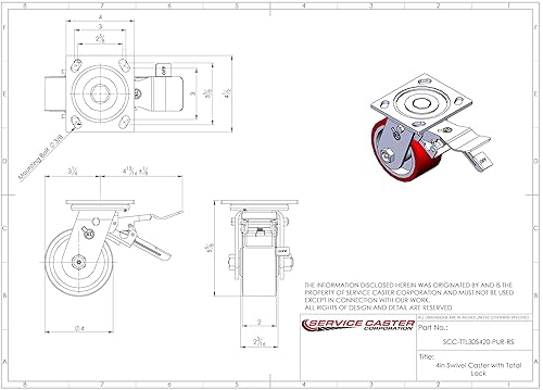 Vista 44 de Rueda rígida de poliuretano sobre hierro fundido con rueda roja de 4 pulgadas, capacidad de 700 libras, marca Service Caster