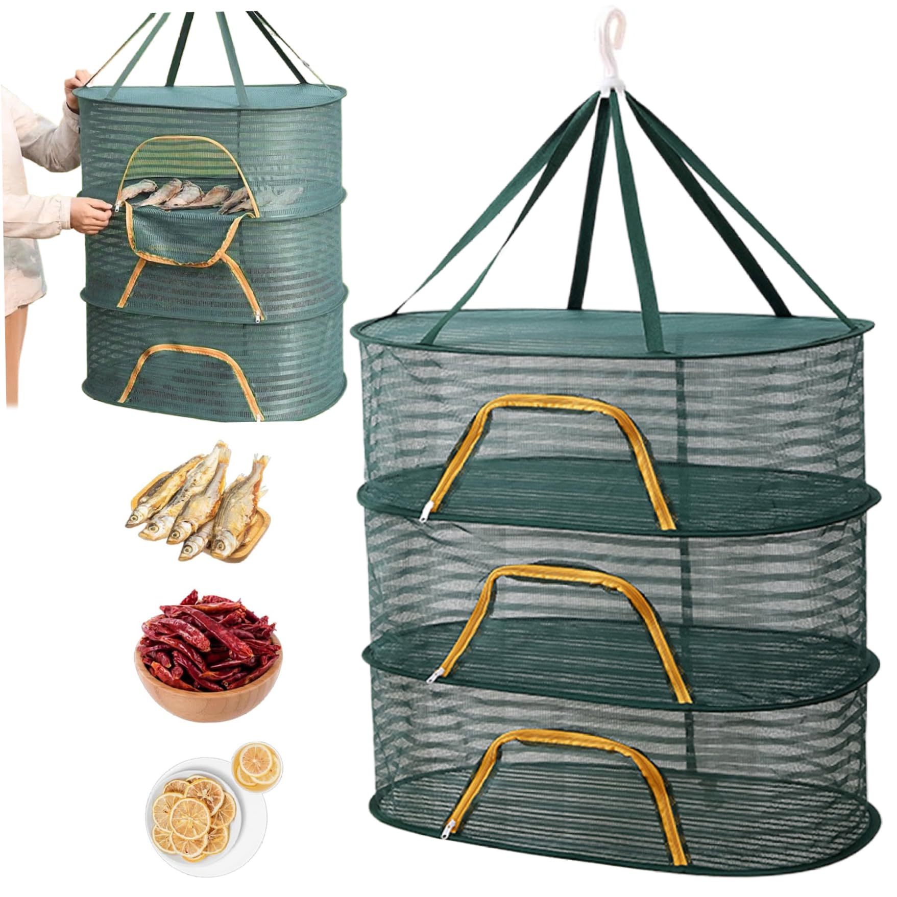 Wedhapy Herb Drying Rack Hanging Mesh Herb Drying Rack, 3-Tier Hanging Mesh Dryer with Zip, Foldable with 360° Swivel Hook for Herbs, Fruits