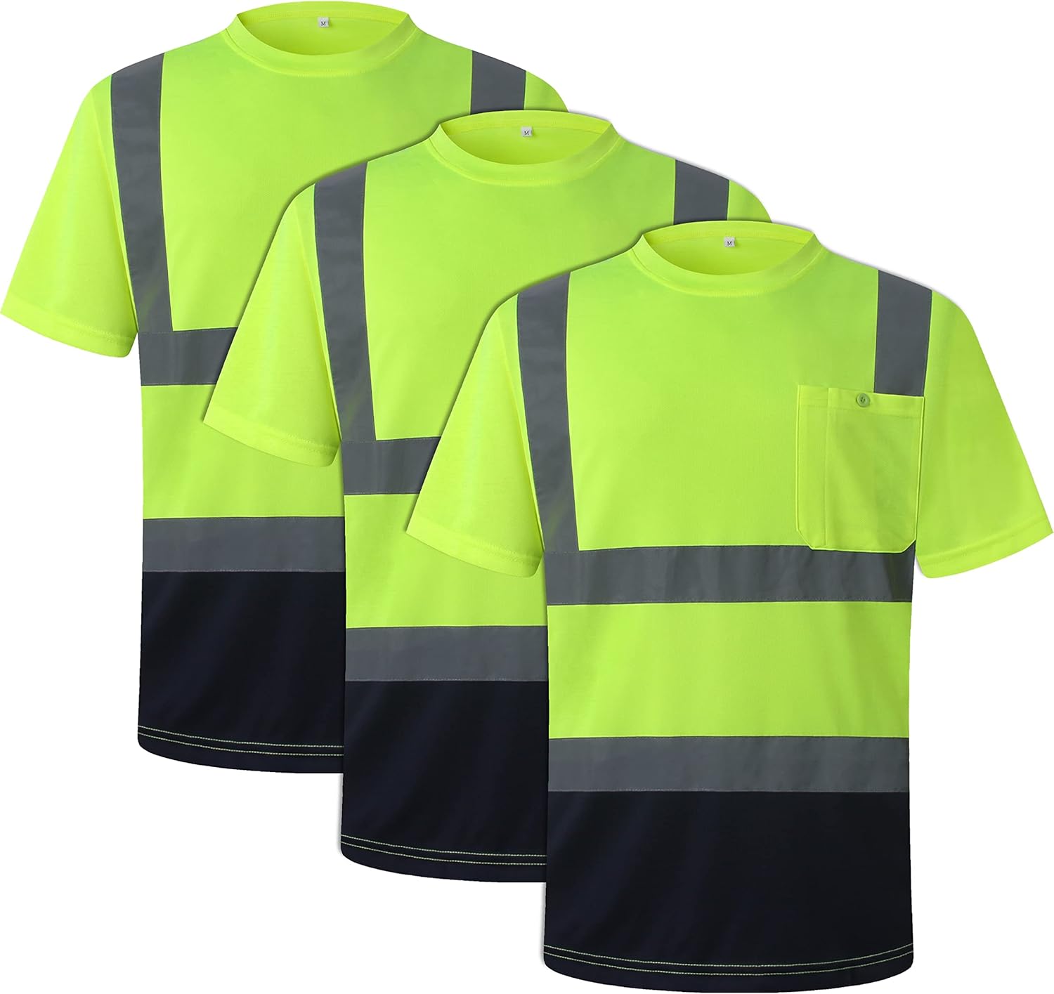 JKSafety 3 Pack Hi-Vis Reflective Safety Apparel | Daily Work T-Shirt Yellow Navy with Sewed Retro-Reflective Strips | ANSI Compliance (77-3P-YNavy, XL)