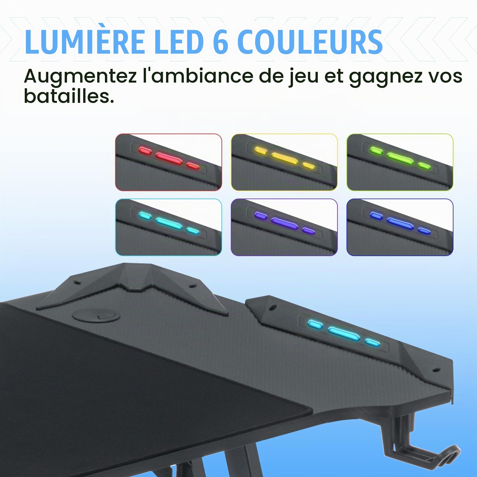 Bureau Gaming, Bureau Gamer LED, Table Gaming, 120x60cm PC Robuste Bureau Informatique Ergonomique avec Porte Gobelet et Crochet pour Casque, LED Table Bureau en Forme de Z Cool