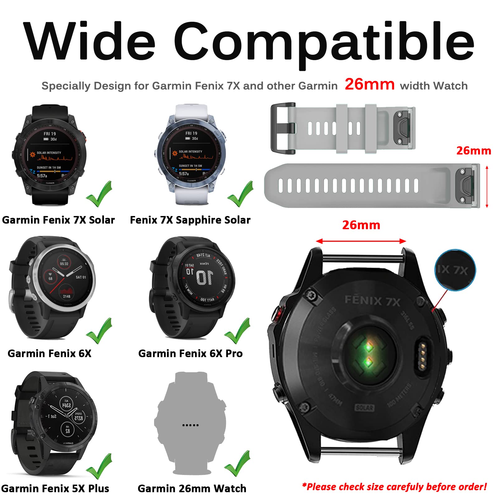 Miimall Compatible for Garmin Fenix 7X Watch Band 26mm Width, Silicone Soft Breathable Waterproof Quick Release Replacement Band for Garmin Fenix 7X/7X Solar/7X Sapphire Solar/6X/5X(Gray)