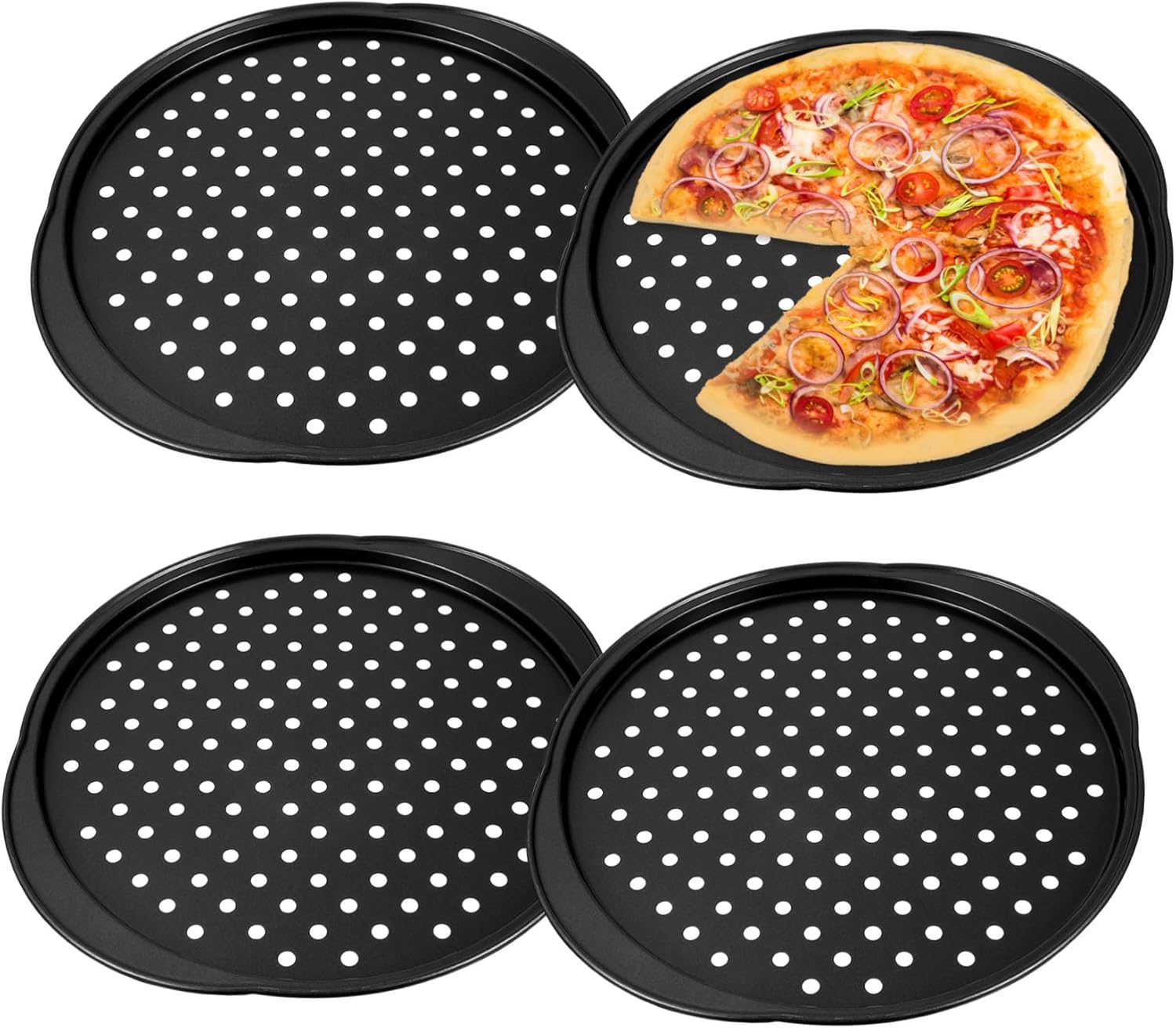 VOSAREA 4 Pcs Perforated Pizza Pans with Small Grips 35.5 * 32 * 1.3 Inch Carbon Steel Baking Tray for Oven for Homemade Pizza Baking and Serving