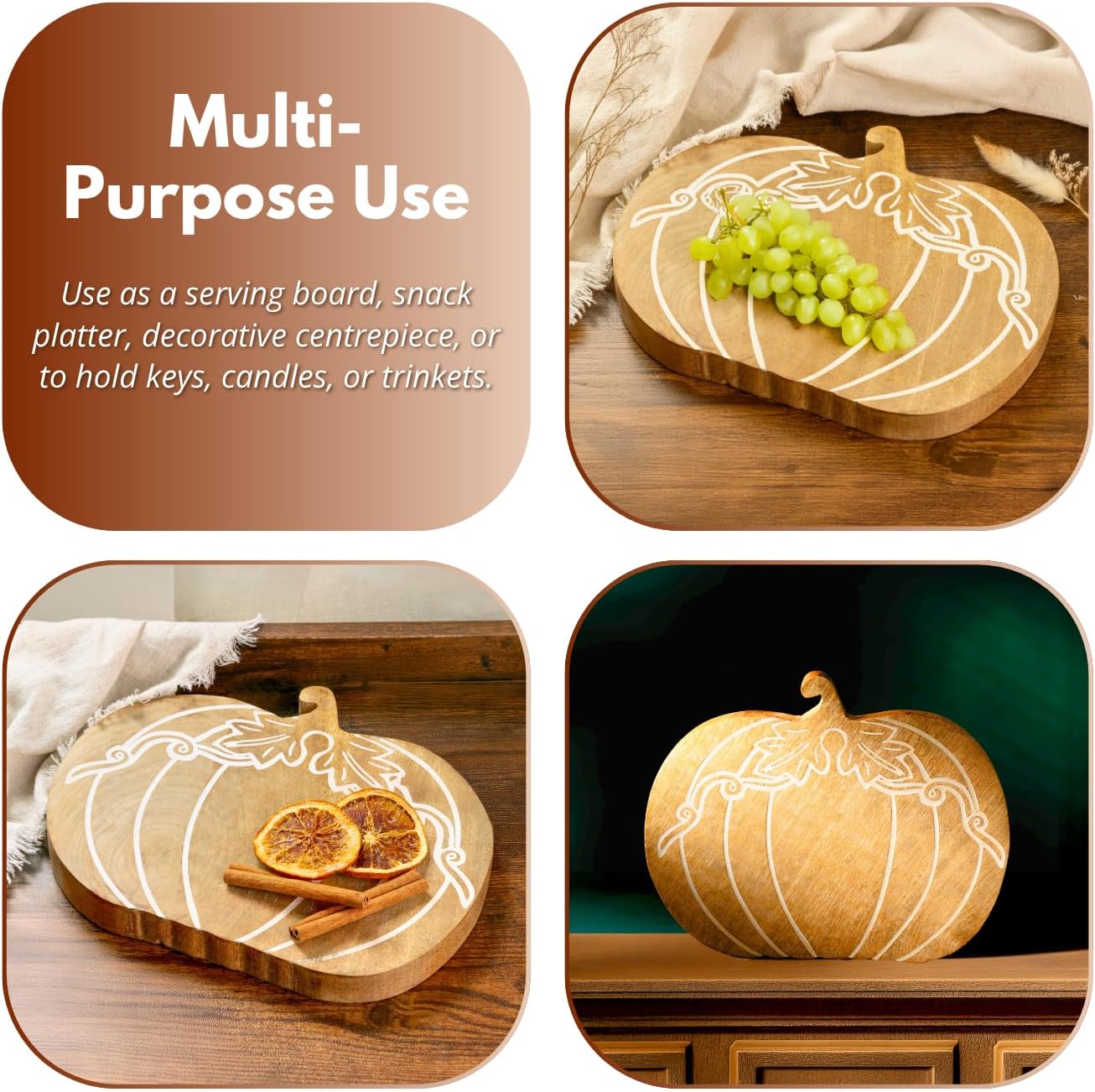 Marco Paul Pumpkin Wooden Coffee Table Tray Autumn Decor Display Fruits Sweets Wooden Serving Charcuterie Board Key Dish for Hallways Jewellery Trays Wood Platter Decorative Pumpkin Decorations