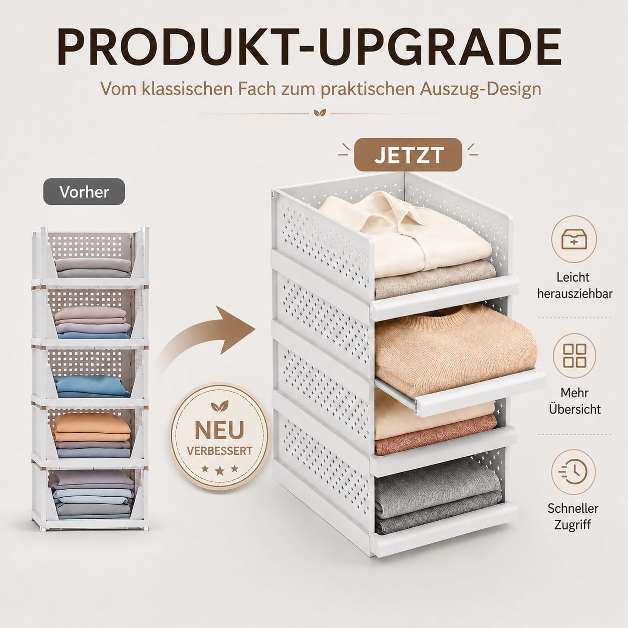 RMAN® 4 Set Organizer Armadio, Pieghevole Cassetti di Plastica per Armadio Interno Impilabili con Sistema a Guide Scorrevoli Indipendenti Scatole per Armadio per Cucina, Bagno, Camera, Bianco