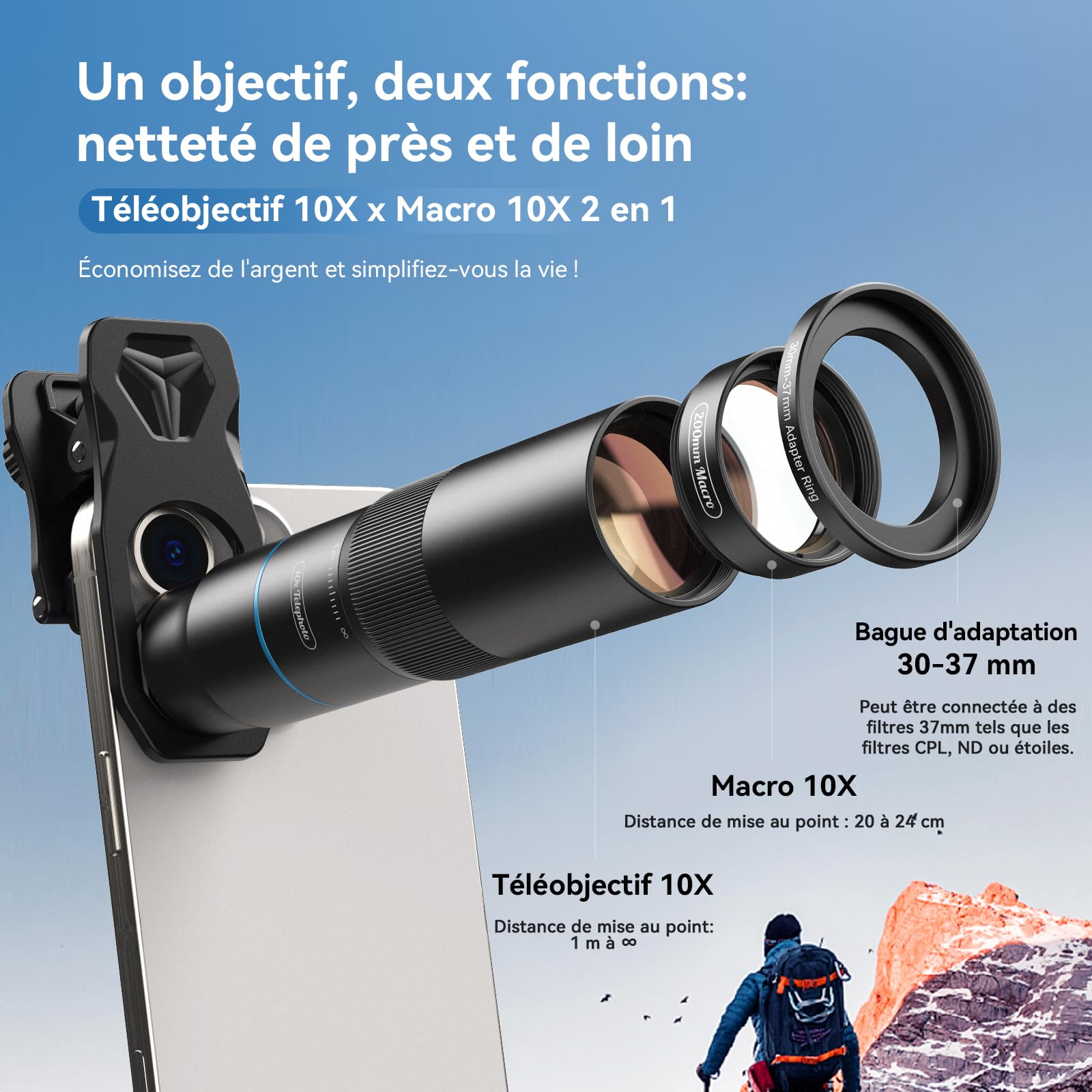 Evil Eye Téléobjectif 10x + Objectif 200mm Macro pour Smartphone, Haute Qualité, Compact, Facile à Transporter et à Utiliser, Compatible avec la Plupart des Smartphones Courants (TM10)