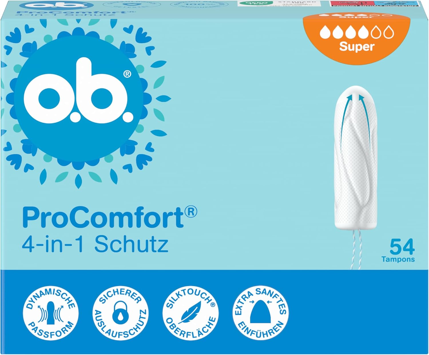 o.b. ProComfort super tampony 4 w 1 (1 x 54 szt.) z bardzo delikatną końcówką do łatwego wkładania i do 100% ochrony przed wyciekiem, idealne do uprawiania sportu i na co dzień