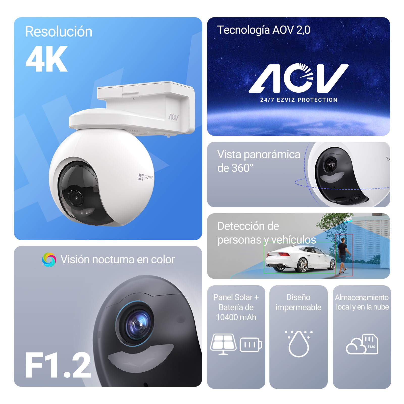 EZVIZ 4K Cámara Vigilancia WiFi Exterior Bateria con Solar,AOV 2.0 360° Cámara Inalámbrica 10400mAh,Audio Bidireccional,Detección de Personas/Vehículos,Visión Nocturna a Color,CB8 Pro Kit