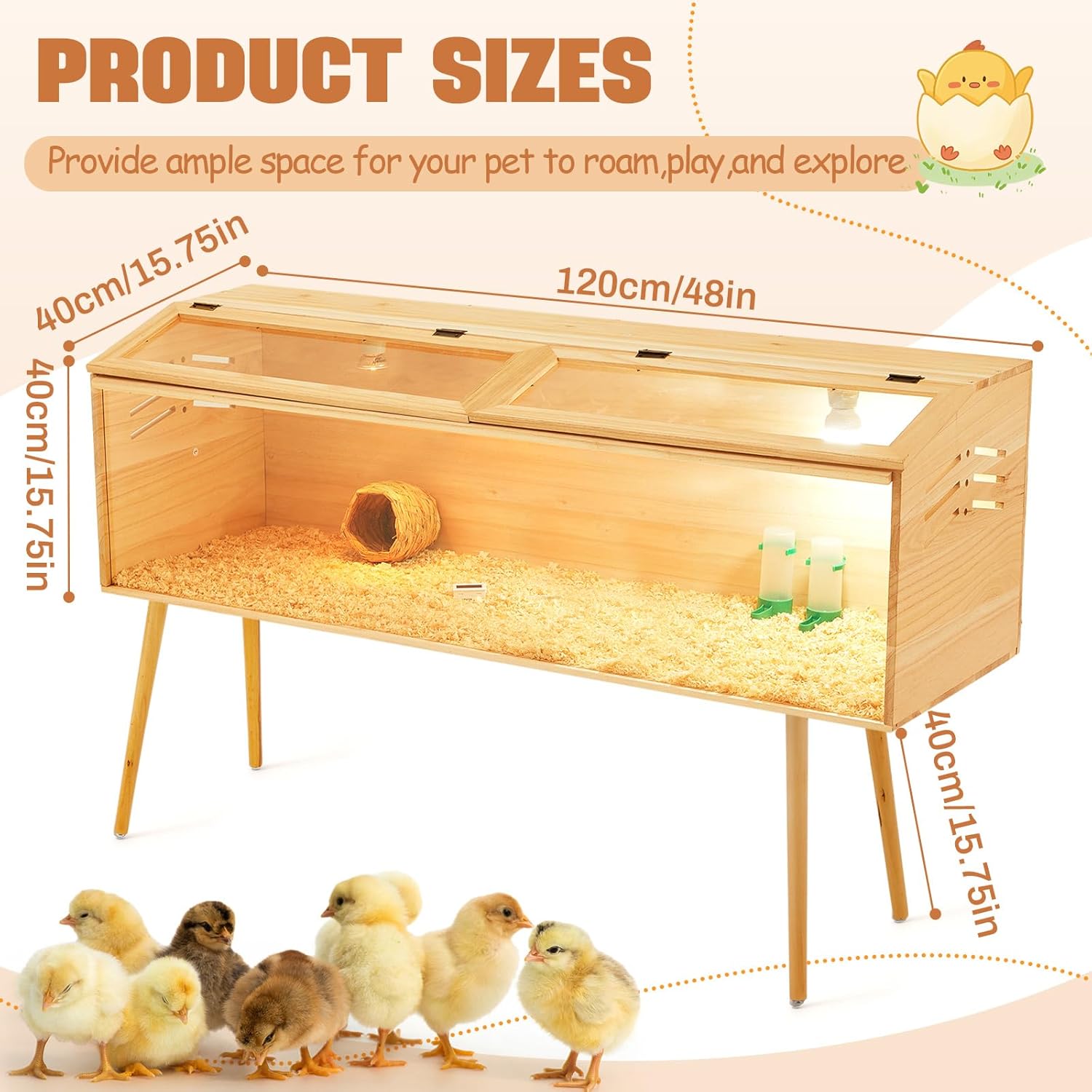 CroBlissful 47 x 16 x 16 in Brooder Box for Chicken Quails Stand Sliding Door, Bulb Set and Feeder, Indoor Chicks Coop Brooder Box Kit, for Ducks, Hamsters, Lizards, Mice, Rat(Table Legs, Wooden)