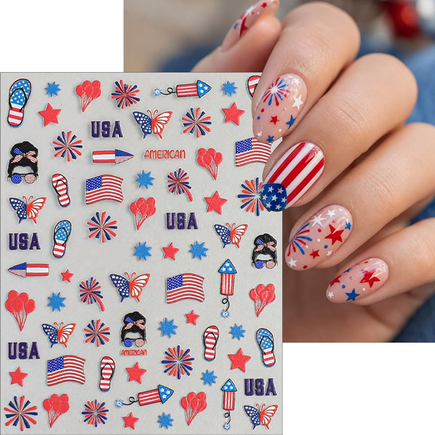 Independence Day Fireworks Nail Art Stickers July 4th Butterfly Nail Art Supplies USA Flag Nail Art Accessories for Women Girls Manicure Decorations 6 Sheets