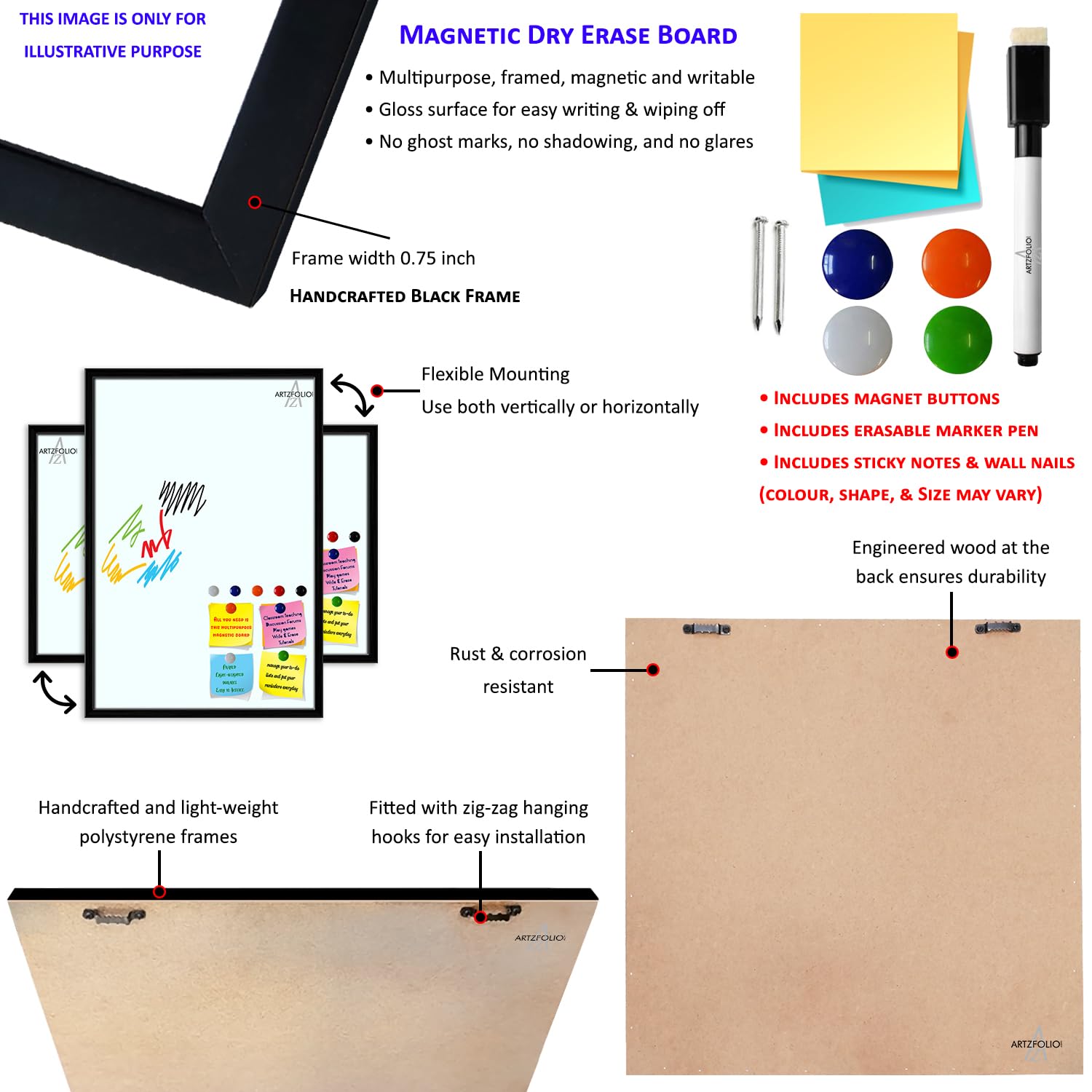 ArtzFolio Greys Family Black Colour | Framed Magnetic Dry Erase White Board | Includes Sticky Notes, Magnet Buttons & Markers | Black Frame | 28 x 28 inch (71 x 71 cms) 3