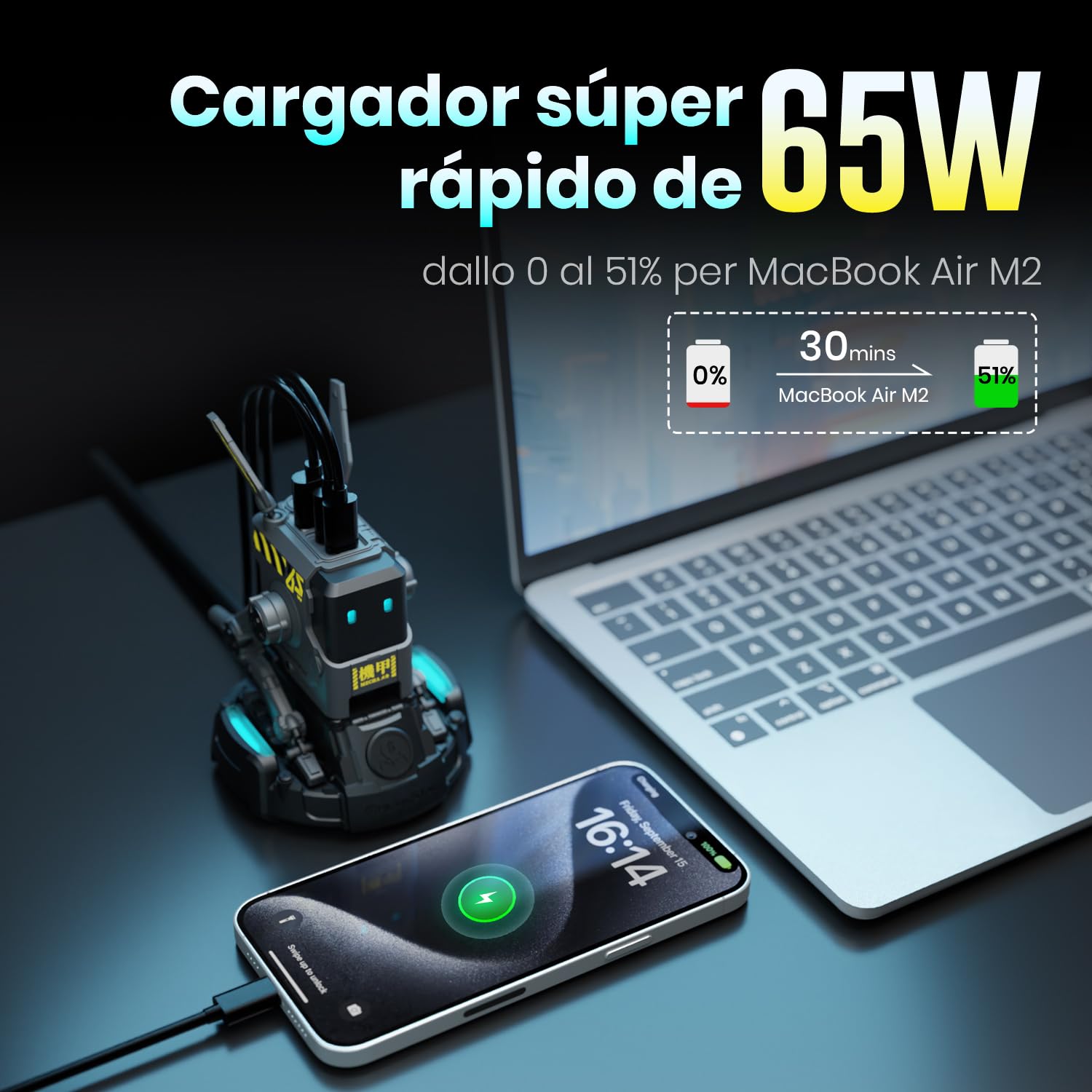 GRAVASTAR Cargador USB-C GAN 65W Robot con 3 Puertos | Adaptador USB-C con exclusivo diseño de robot, 2 USB-C y 1 USB-A para carga rápida con un estilo único de escritorio