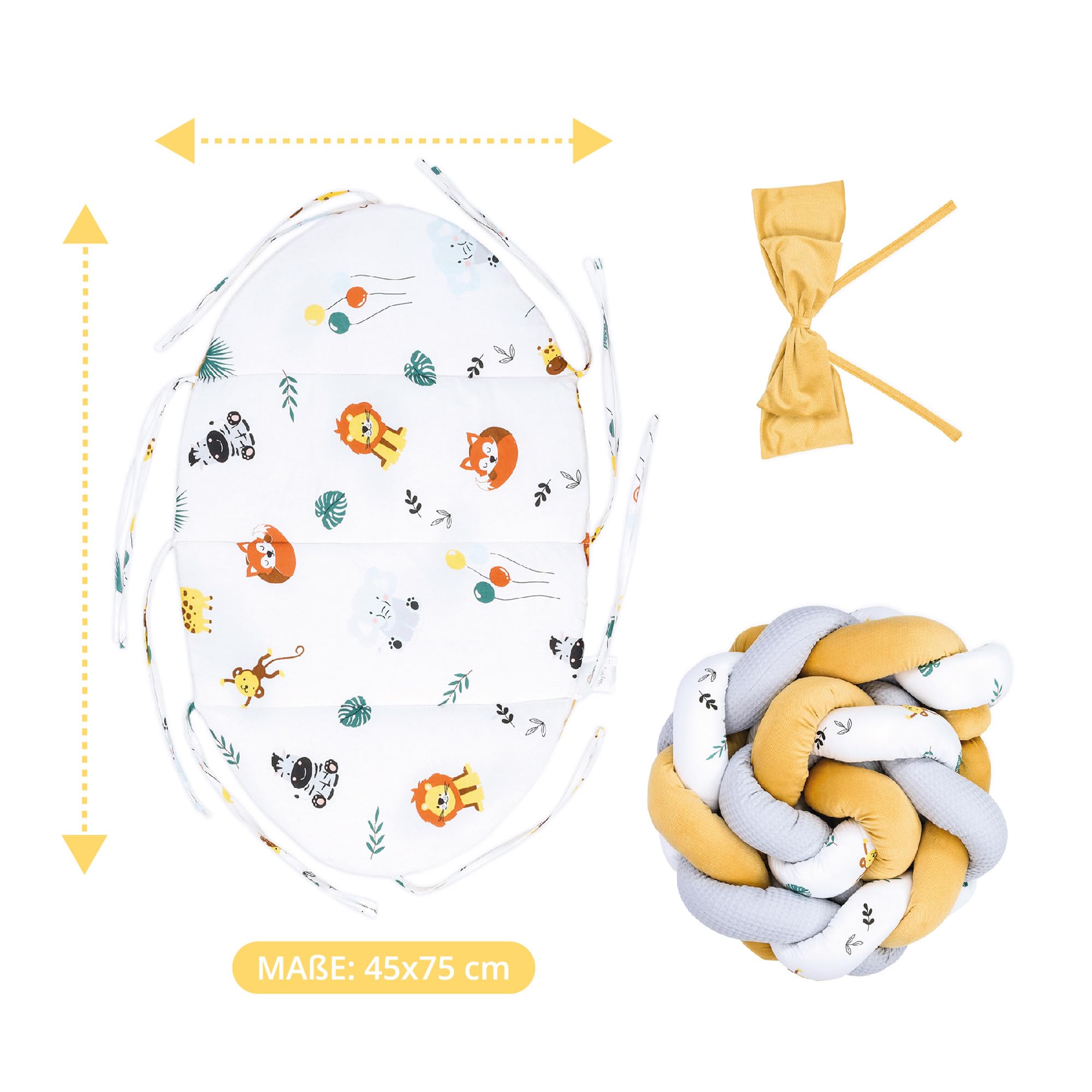 Nido neonato Babynest 75 x 45 cm – Velluto nido di coccole con cuscino a treccia pieghevole set letto bambino nido a due lati Safari