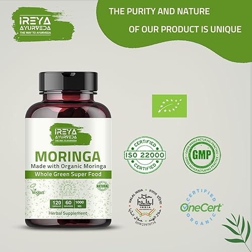 Miniatura 7 de Cápsula de moringa orgánica de 1000 mg (120 cápsulas), cápsulas de moringa hechas de polvo de hoja de moringa seca cruda orgánica  Nutrición de