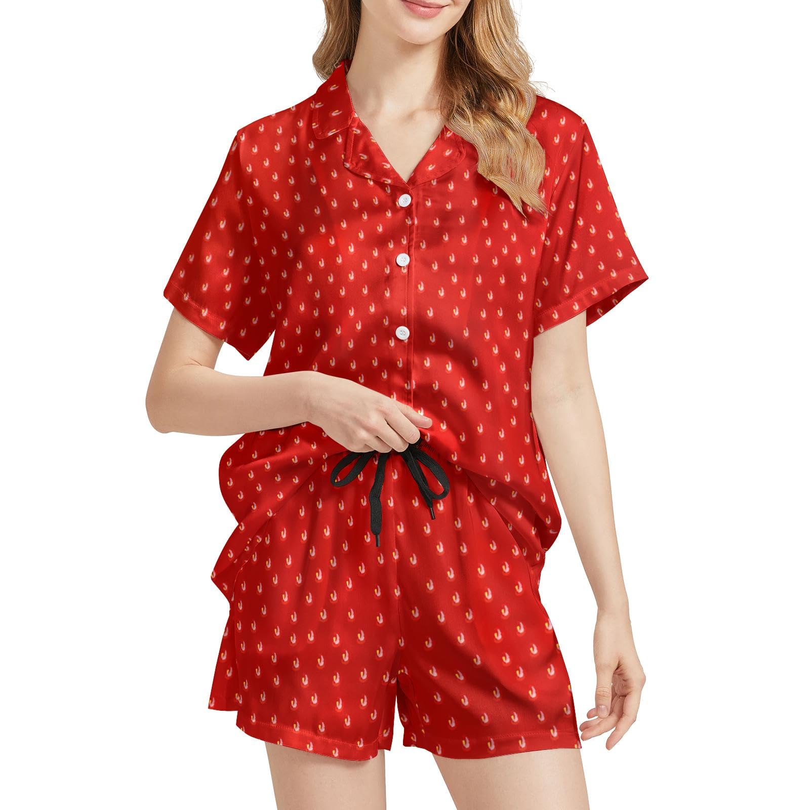 Funny Pajamas for Women Set Print Satin Loungewear Pjs Short Sleeve Button Down Top and Shorts Sets Sleepwear XS-3XL