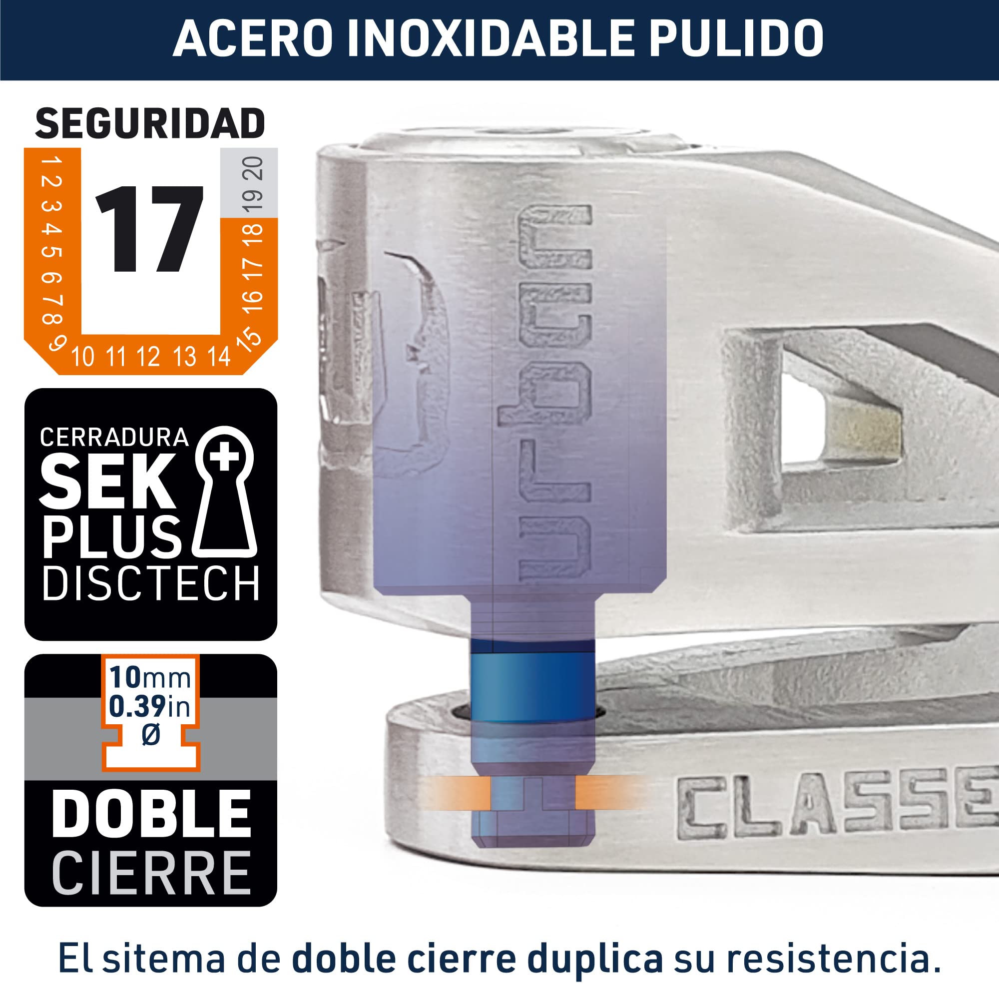 URBAN UR210S Candado Moto Homologado SRA, Antirrobo Disco Máxima Seguridad, Testado Doble Bloqueo ø10mm, Cerradura Anti-Taladro, Arquitectura Ligera, Cepo Pinza Motos y Scooter, Acero Inox Pulido