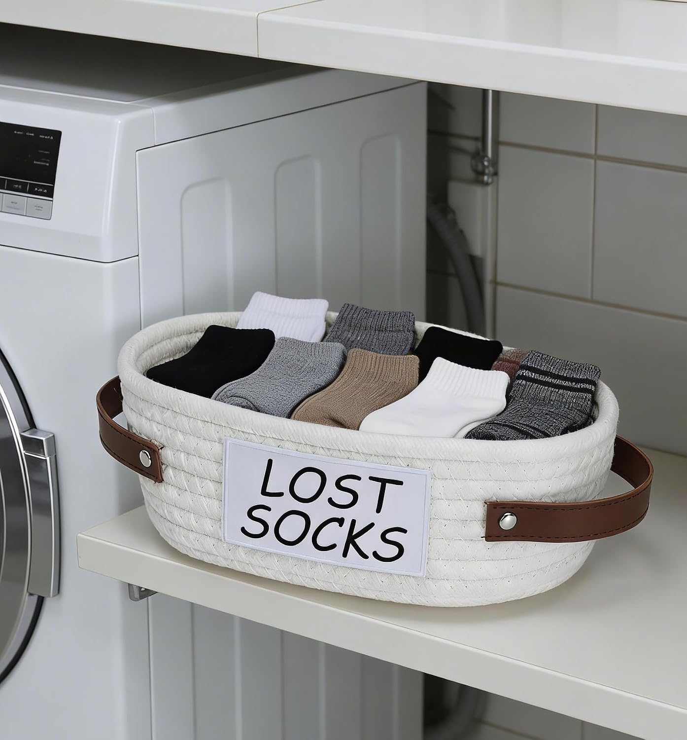 Lost Socks Basket for Laundry Room, Cotton Rope Sock Basket with Handles, Large Woven Storage Bin for Unmatched Socks, Laundry Room Organization and Decorative Home Storage Box,White