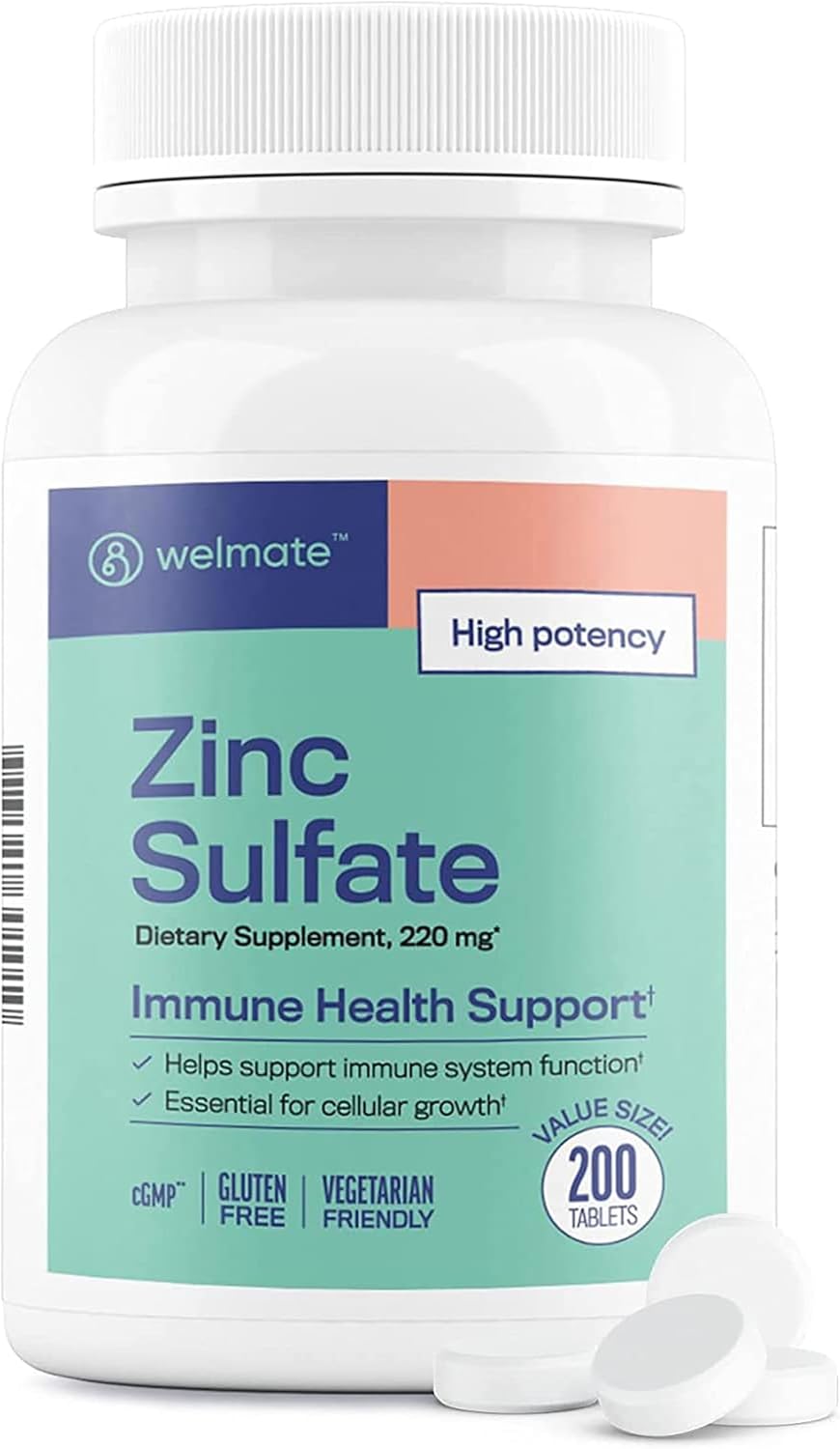 WELMATE – Zinc Sulfate 220mg (200 Tablets) 50mg Elemental Zinc Supplements for Men & Women – High Potency – Immune Support Supplement – Collagen Production & Cellular Growth – Vegetarian & Gluten Free