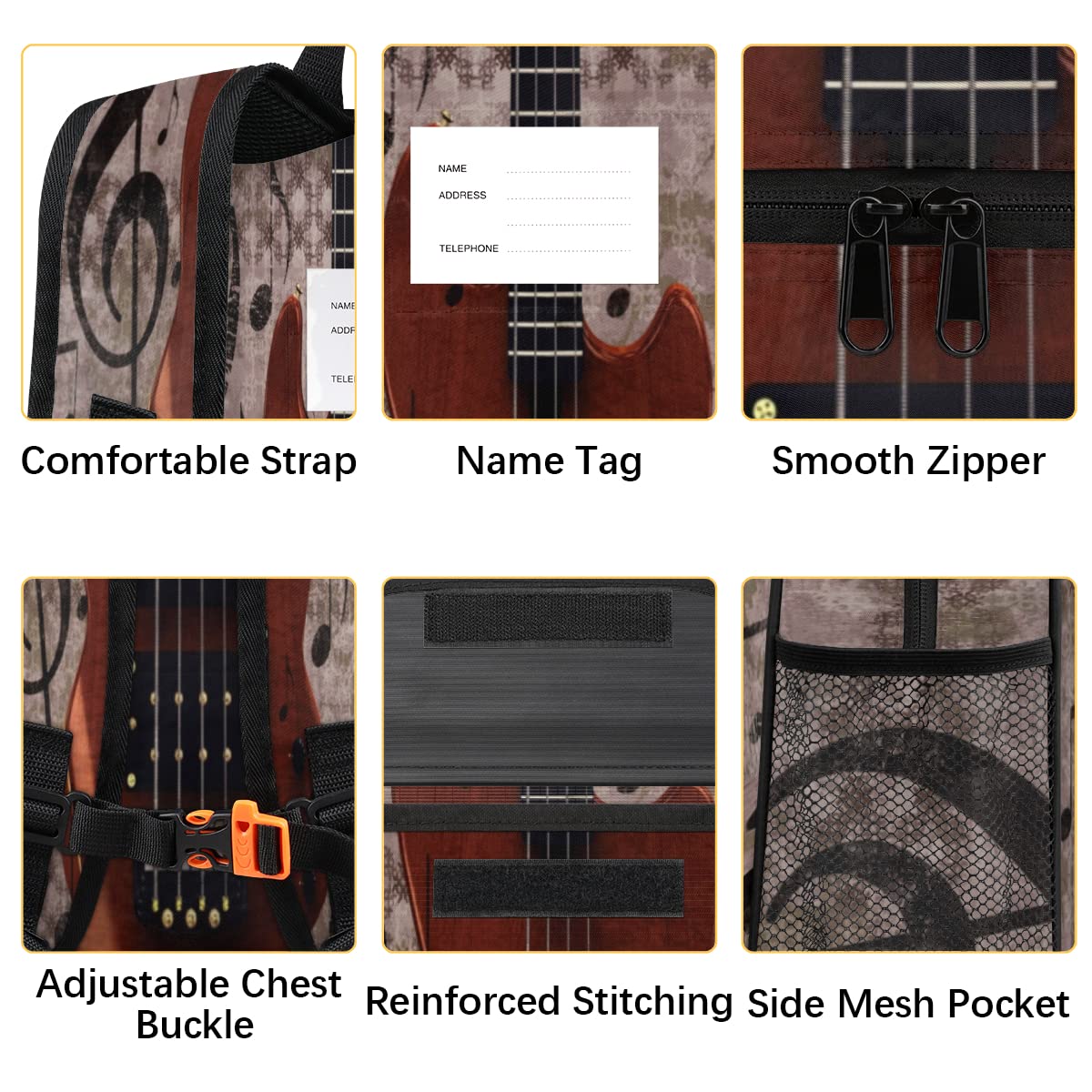 Muzyka vintage, gitara dla dzieci, plecaki dla chłopców, dziewczynek, gitara retro, malucha, lekki plecak, szkolna torba na książki, wielobarwny