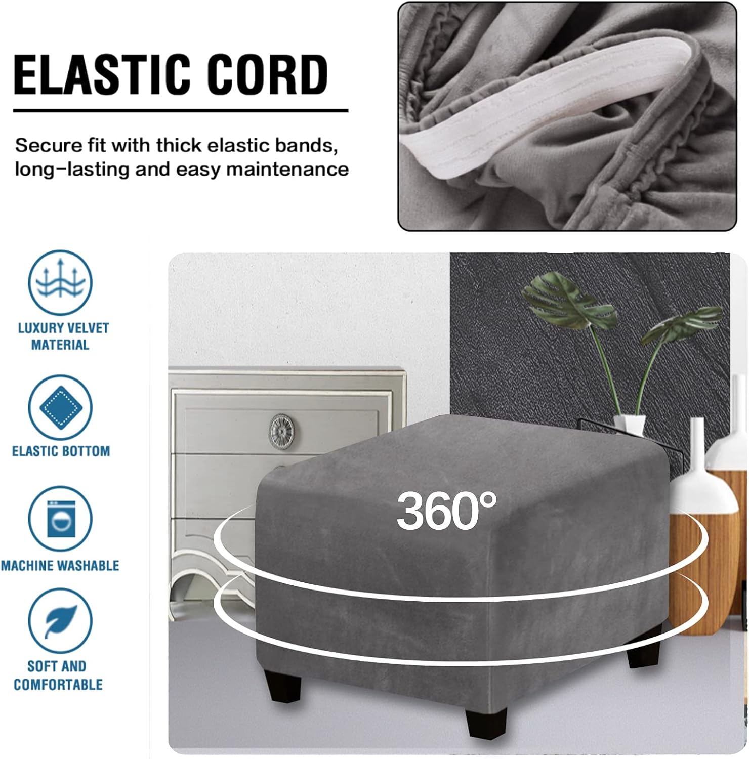 Velvet Ottoman Slipcover Stretch Square Footstool Slipcover Folding Storage Ottoman Covers for Living Room with Elastic Bottom (Grey)