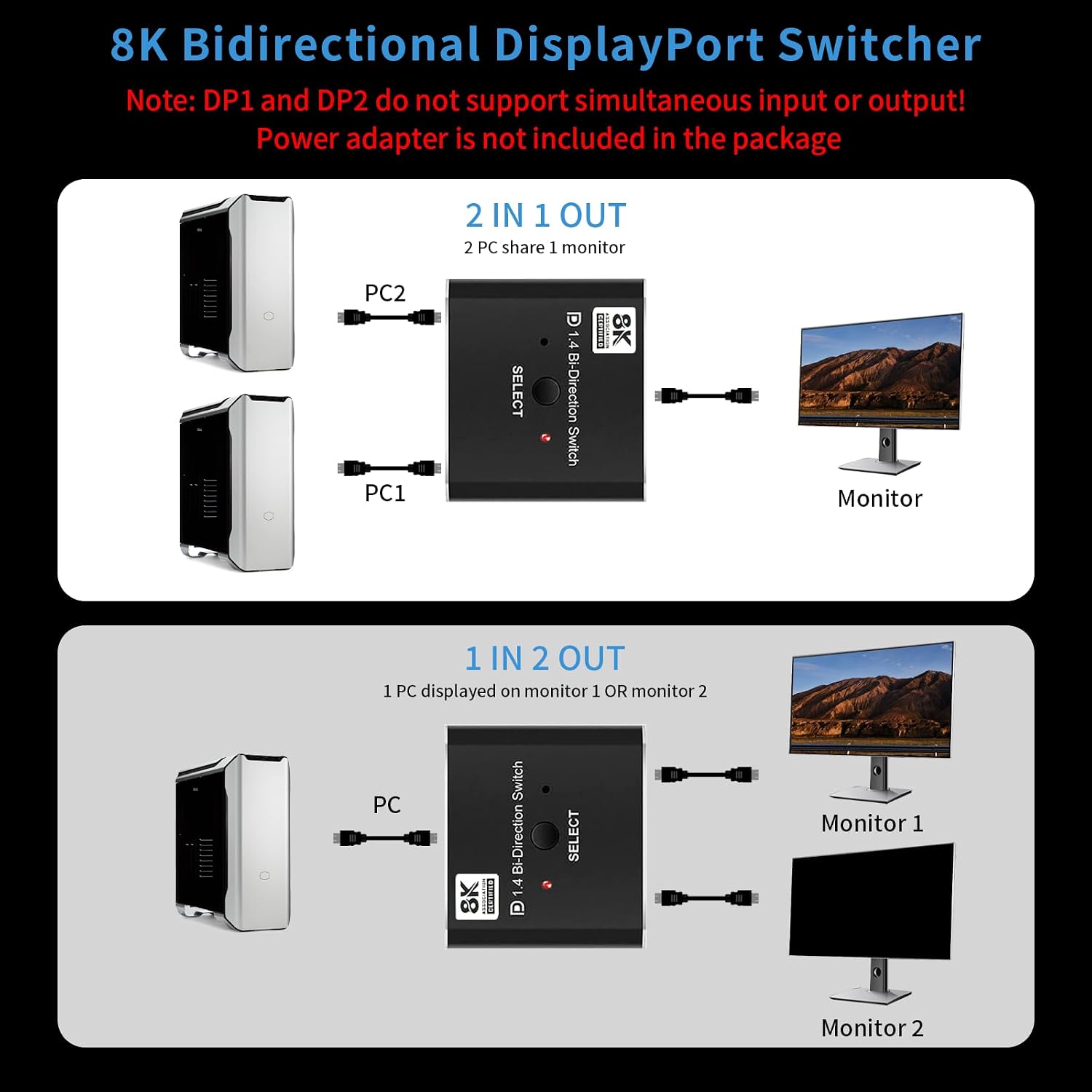 DisplayPort Switch 2 in 1 Out/1 in 2 Out 4K60Hz DisplayPort Splitter | DP 1.4 Video Switcher Selector Box For TV Monitors Laptops PC Projectors etc