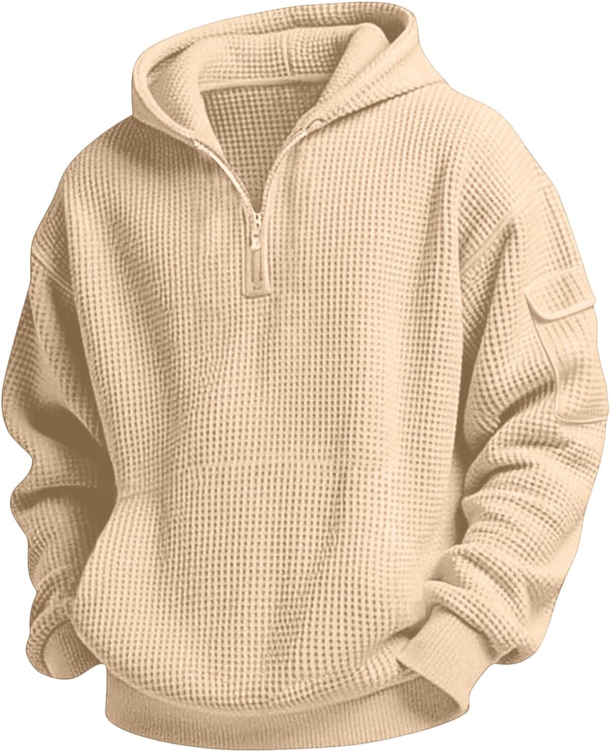 Waffle Knit Hoodies for Boy Fall Long Sleeve Quarter Zip Hooded Sweatshirt Teens Pullover Tops with Pocket