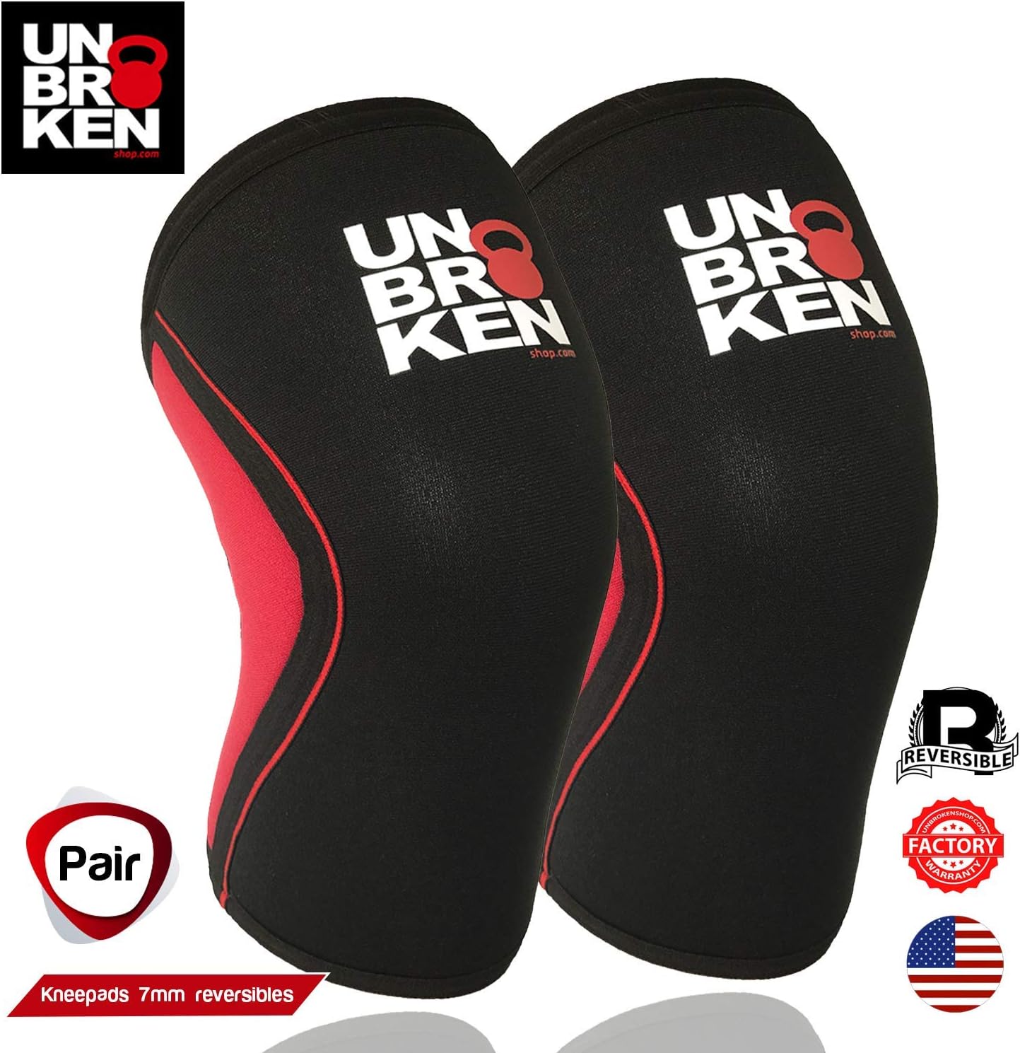 Unbrokenshop.com Reversible 7mm Knee Sleeve for Weightlifting, Strongman, Cross Fit, Cycling, Cardio - Kneecap Stability - Maximum Comfortable Support and Compression, (2 Sleeves)