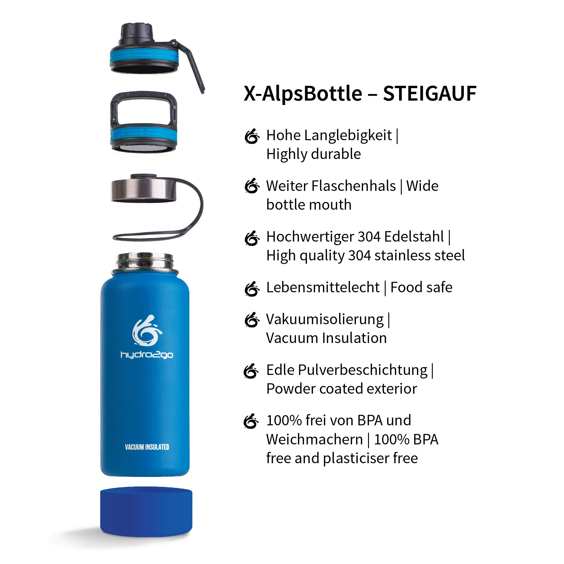 hydro2go ® Edelstahl Trinkflasche X-AlpsBottle - 1000ml / 1l | vakuumisolierte Thermosflasche + 3 Trinkverschlüsse | Auslaufsichere Isolierflasche | doppelwandige Outdoor Sportflasche | Thermoskanne