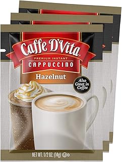 Caffe D'Vita Hazelnut Cappuccino Mix - Instant Coffee Mix, No Cholesterol & Trans Fat, 99% Caffeine Free, Gluten Free - Envelopes, 0.5 Oz (Pack of 48)