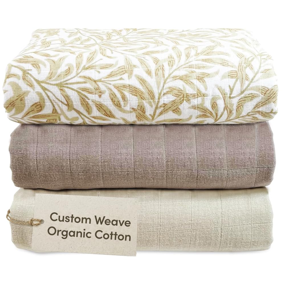 MOZAH Organic Muslin Swaddle Blankets - Brown, Beige, and Beige Leaves - 3 Pack - for Baby Boy or Girl - Ideal for Newborns, Toddlers & Registry