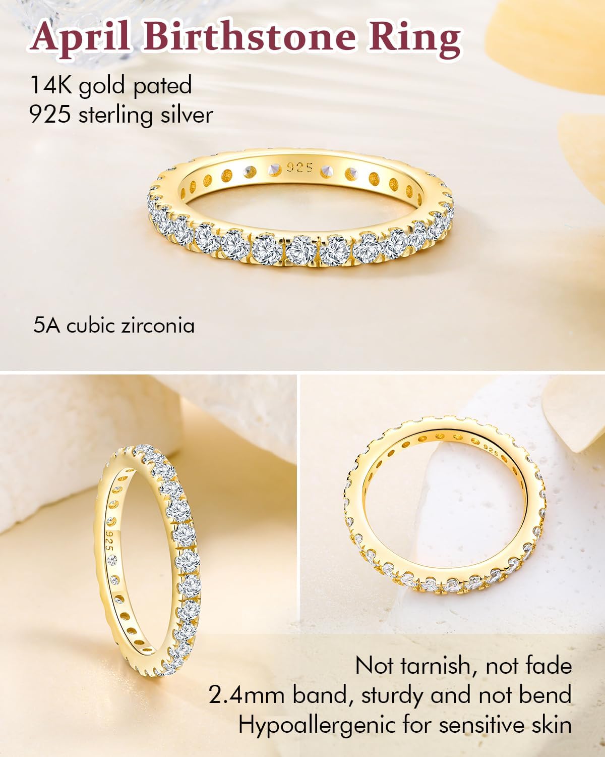 DAYBYDAY Sapphire/Emerald/Ruby Full Eternity Band Rings for Women, 2.4mm Thin Birthstone Stackable Rings, 925 Sterling Silver/14K Gold Plated Gemstone Wedding Band Anniversary Ring Size 6 to 10