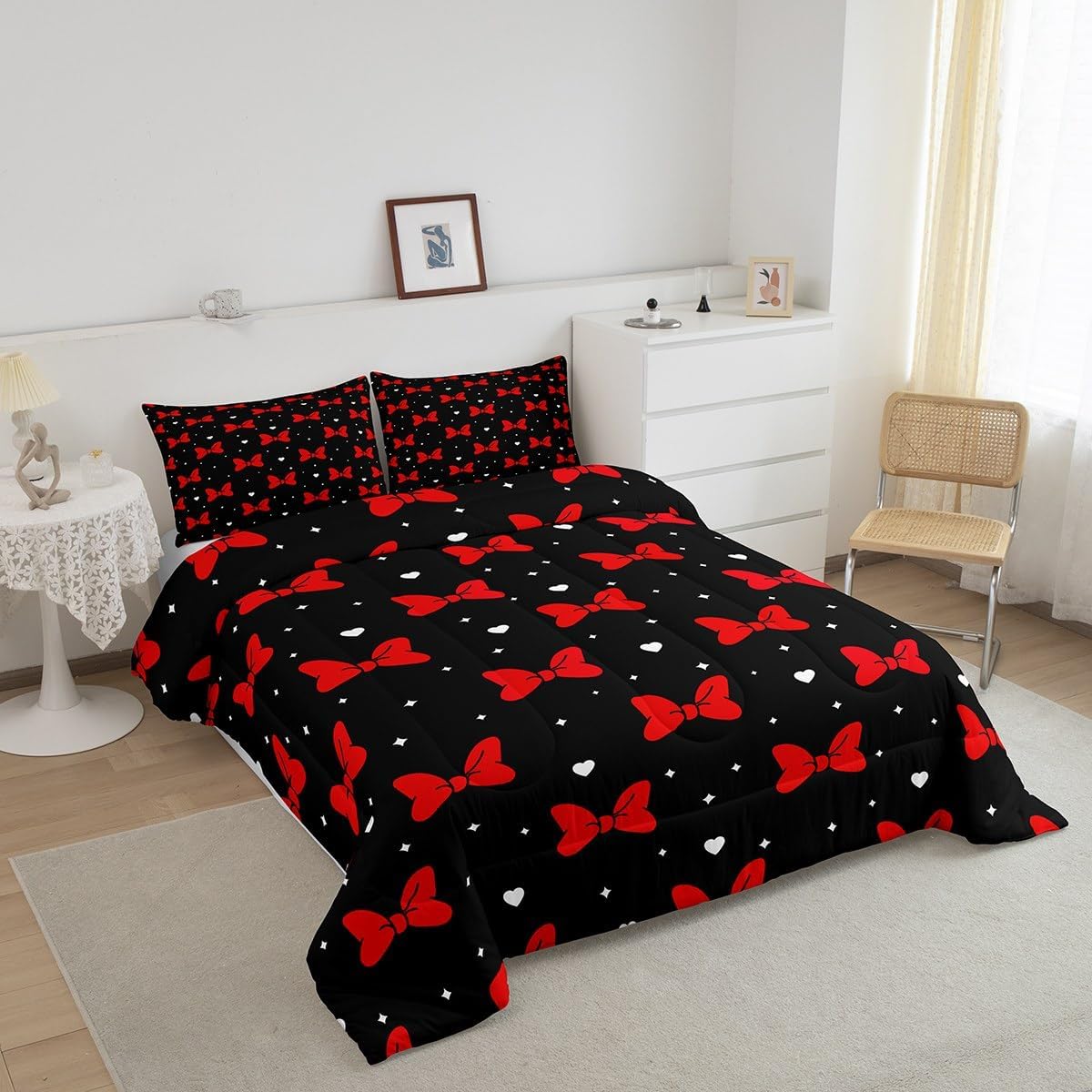 Bowknot Comforter Set Queen Size,Starry Sky Love Heart Romantic Bow Bedding Set,Children Girls Women Room Decor,Cartoon Castle Princess Down Comforter,Red Black Dreamy Duvet Insert,2 Pillowcases