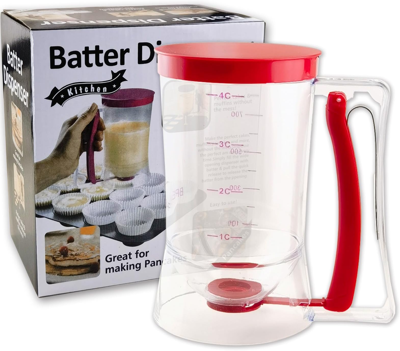 Pancake Batter Dispenser with Squeeze Handle - 4-Cup Measuring Dispenser for Pancakes/Cupcakes/Waffles - BPA-Free Pourer with Easy Clean Design - Professional Baking Tools, Red