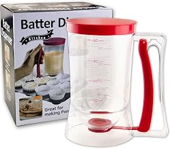 Pancake Batter Dispenser with Squeeze Handle - 4-Cup Measuring Dispenser for Pancakes, Waffles, Muffins, and Crepes - BPA-Free Pourer with Easy Clean Design - Professional Baking Tools, Red