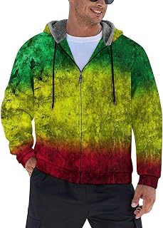 Red Yellow Green Rasta Flag Men's Hoodie Fleece Lining Zippered Sweatshirt Sweater Jacket Coat