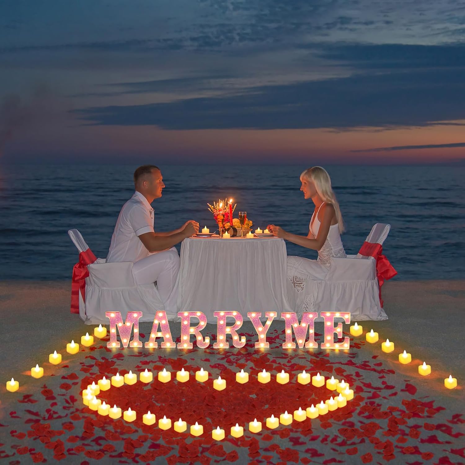 Pink Marry Me Light Up Letters Proposal Decorations, 2031 Pcs Marry Me Sign with 24 Pcs Heart Flameless Candles 2000 Pcs Rose Petals for Wedding Proposal Romantic Night Decor
