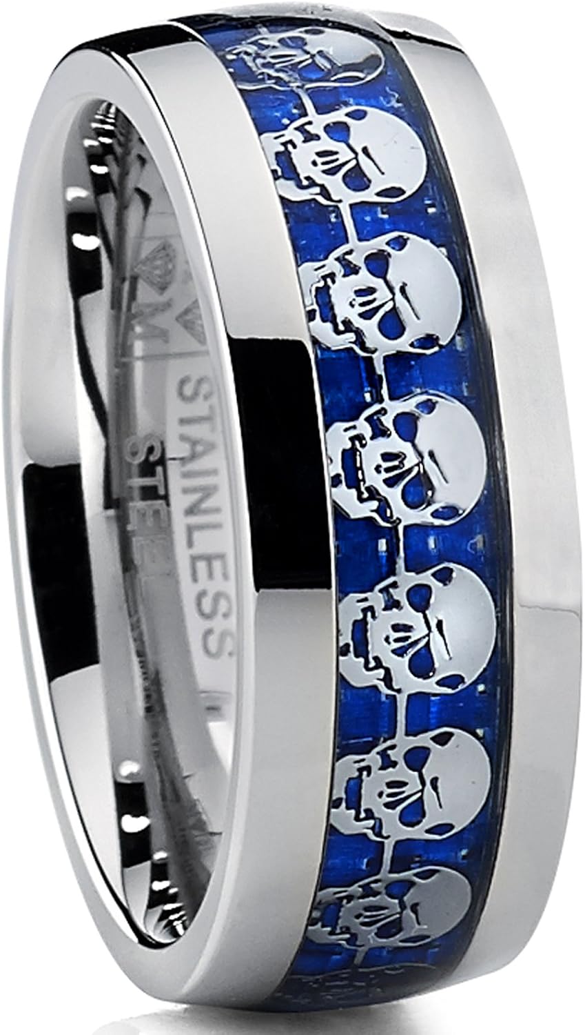 Metal Masters Co. Men's Dome Stainless Steel Ring Skull Halloween Band Blue Carbon Fiber