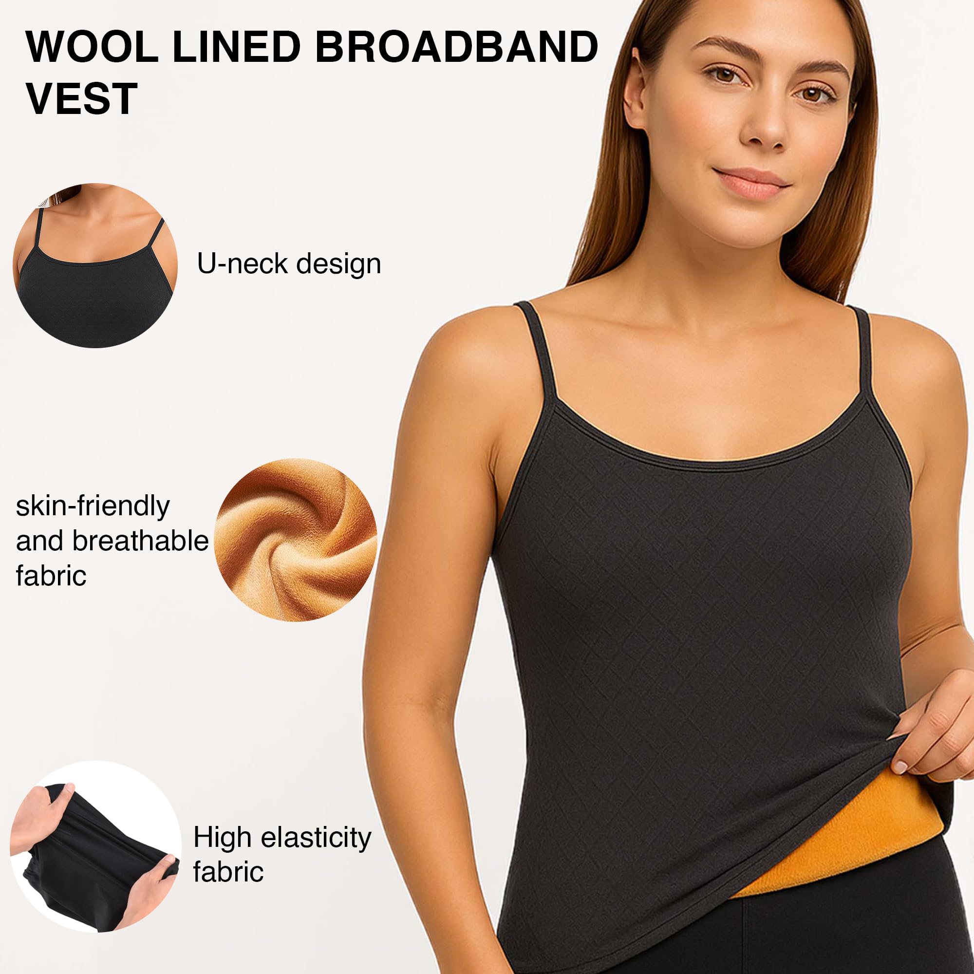 Fshway Thermal Spaghetti Tank Top Warmer for Women, Fleece Lined Soft Women Underwear Thermal Vest, Stretchable, Thicken Plus Velvet Stretchy Slim-Fit Body Shaper Vest - Black - Image 3 thumbnail