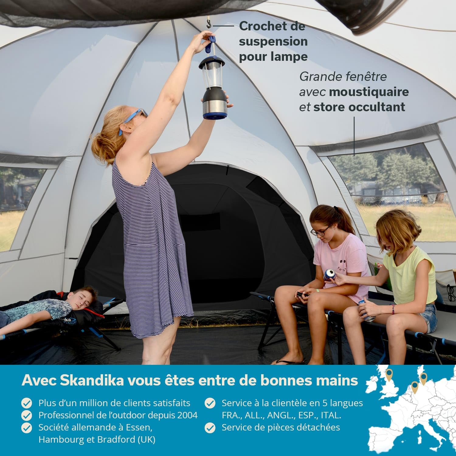 Skandika Corse/Turin Tente dôme pour 10-12 Personnes | Grande Tente familiale, 3 cabines de Couchage, 200 cm de Hauteur Debout, Colonne d'eau 5000 mm | Extérieur, Camping, Famille