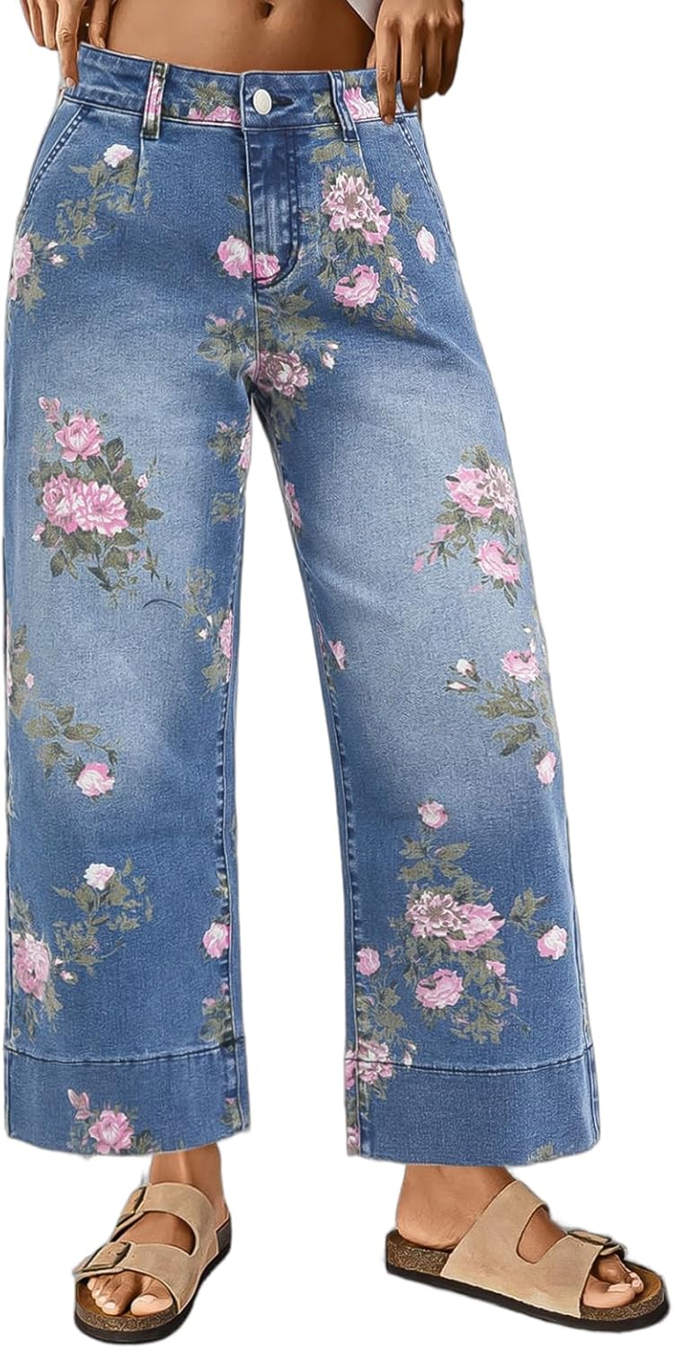 Flamingals Floral Print Wide Leg Cropped Pants for Women Trendy Mid Rise Boho Ankle Cute Jeans