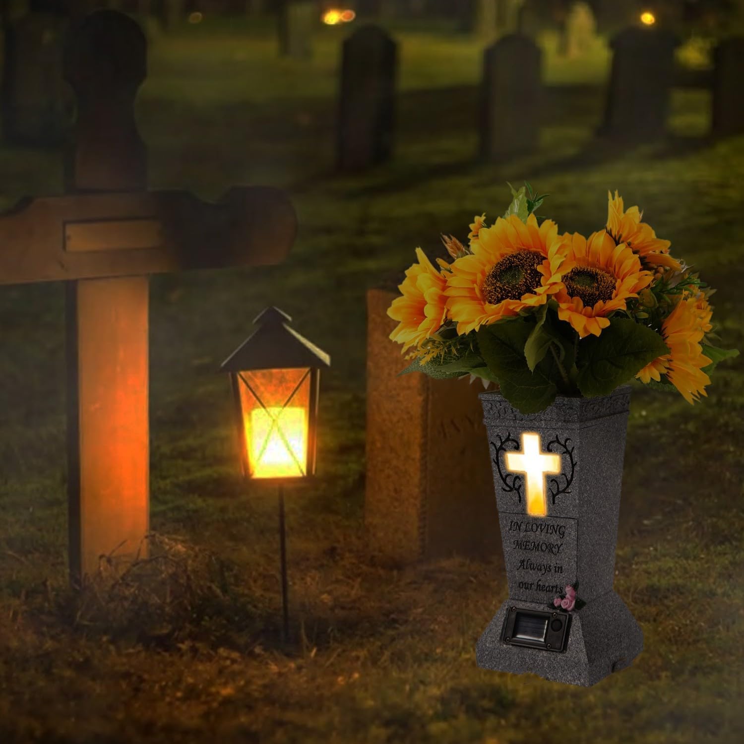 Cemetery Vase with Solar Cross LED, Decorations for Grave, Headstones Vases for Fresh/Artificial Flowers, Memorial Gifts