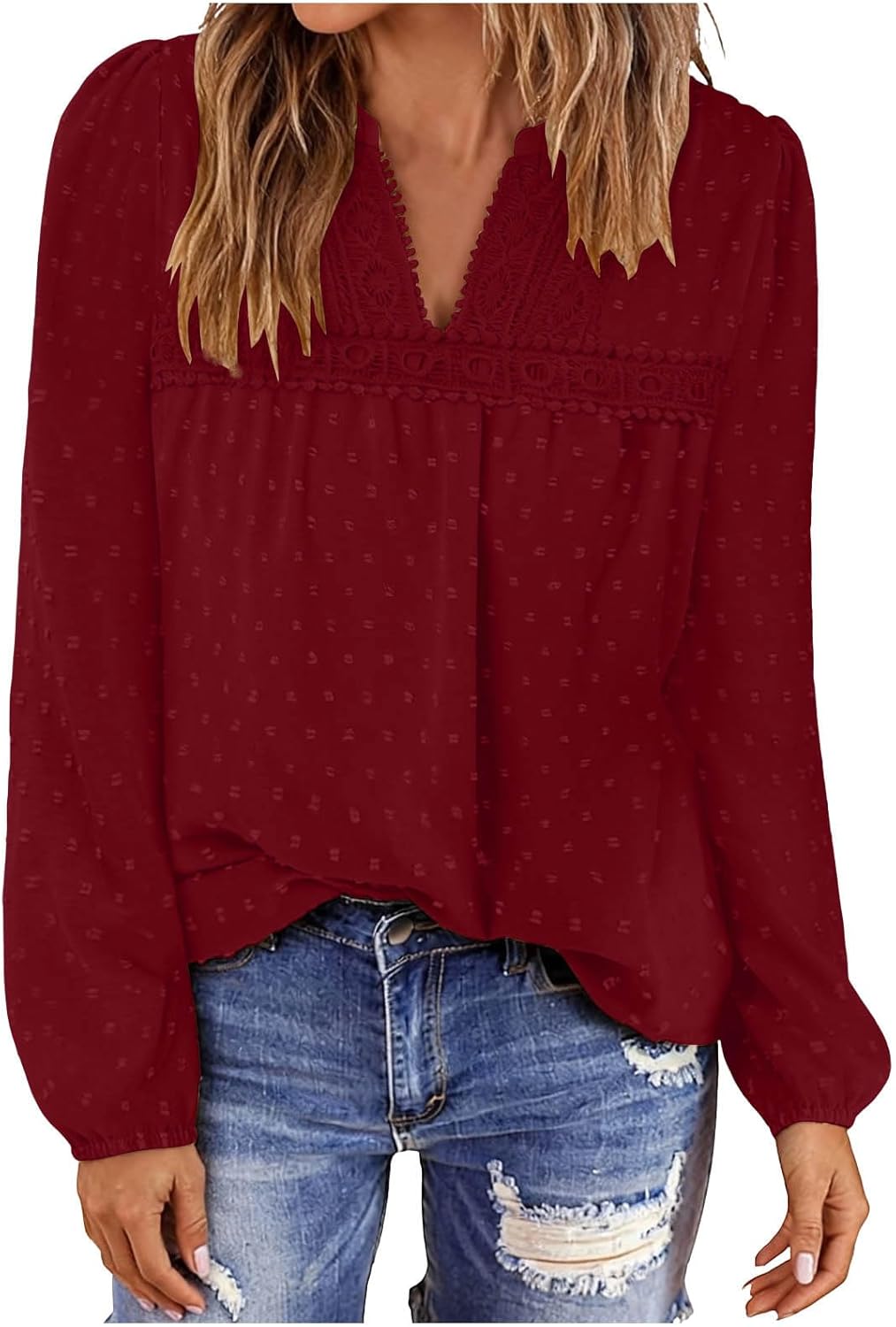 Boho Tops for Women Spring Summer Thin Long Sleeve Shirts Dressy Casual V Neck Fashion Tops Swiss Dot Flowy Blouses